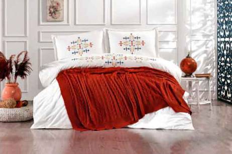 Vinaldi Kanaviçe Çift Kişilik Triko Battaniyeli Nevresim Takımı Kiremit